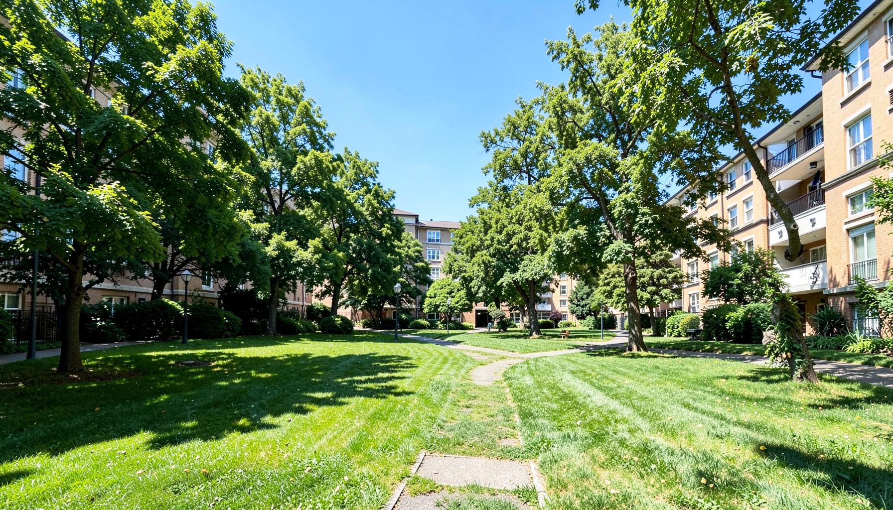 Sunlit grassy courtyard with mature trees and a walking path winding past apartment buildings under a bright blue sky