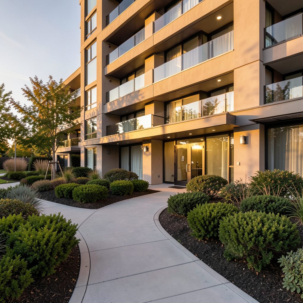 Warm evening light falling across a modern apartment building facade with landscaped shrubs and a curved walkway leading to entrances