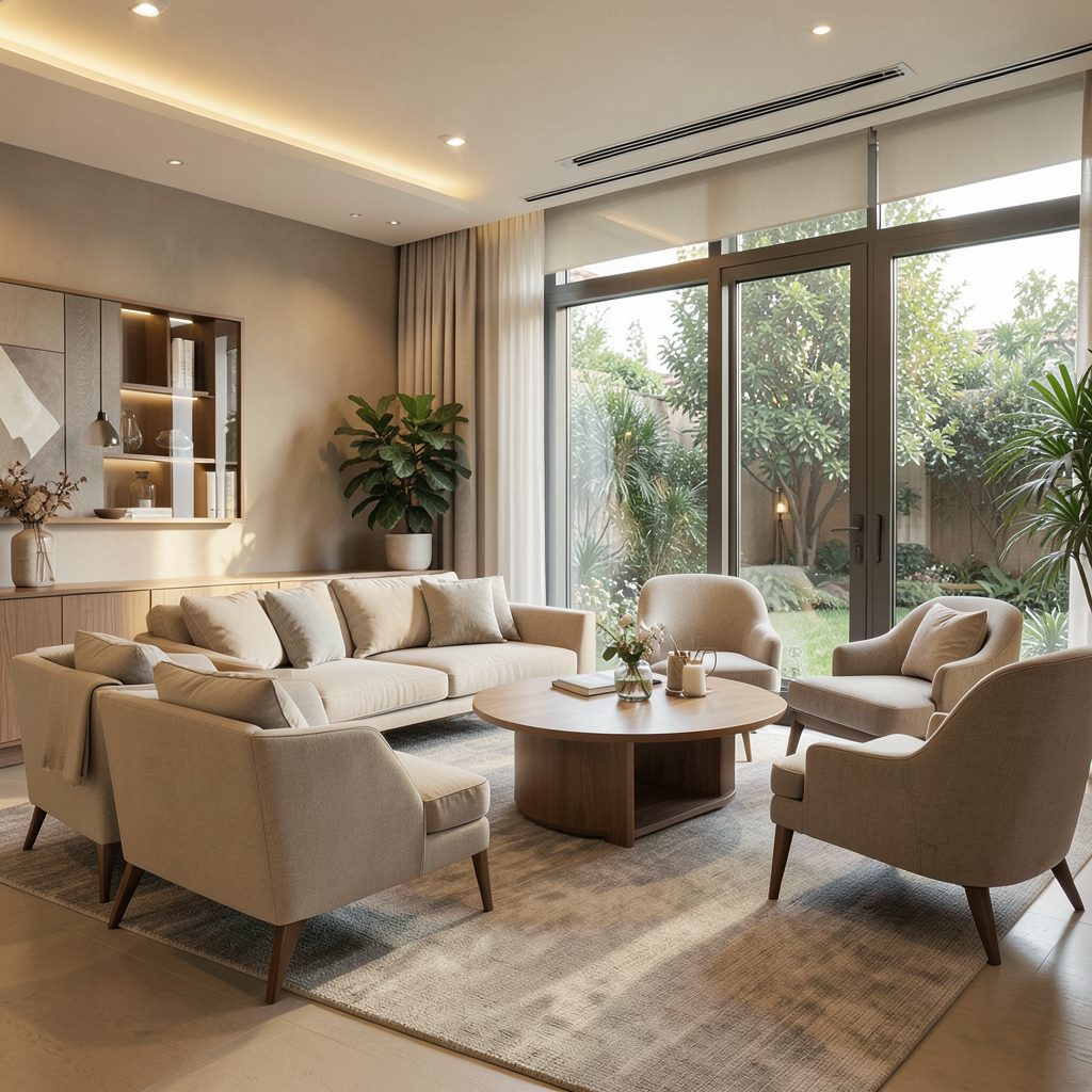 Warmly lit modern apartment clubhouse interior with comfortable seating, soft neutral tones, and large windows overlooking greenery